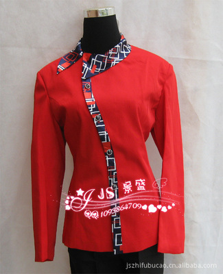 【新上市酒店工作服 酒店制服 高檔女服務員服飾 長袖紅色拼花JS130】價格,廠家,圖片,制服、工作服,廣州市番禺區大石景盛酒店用品經營部-
